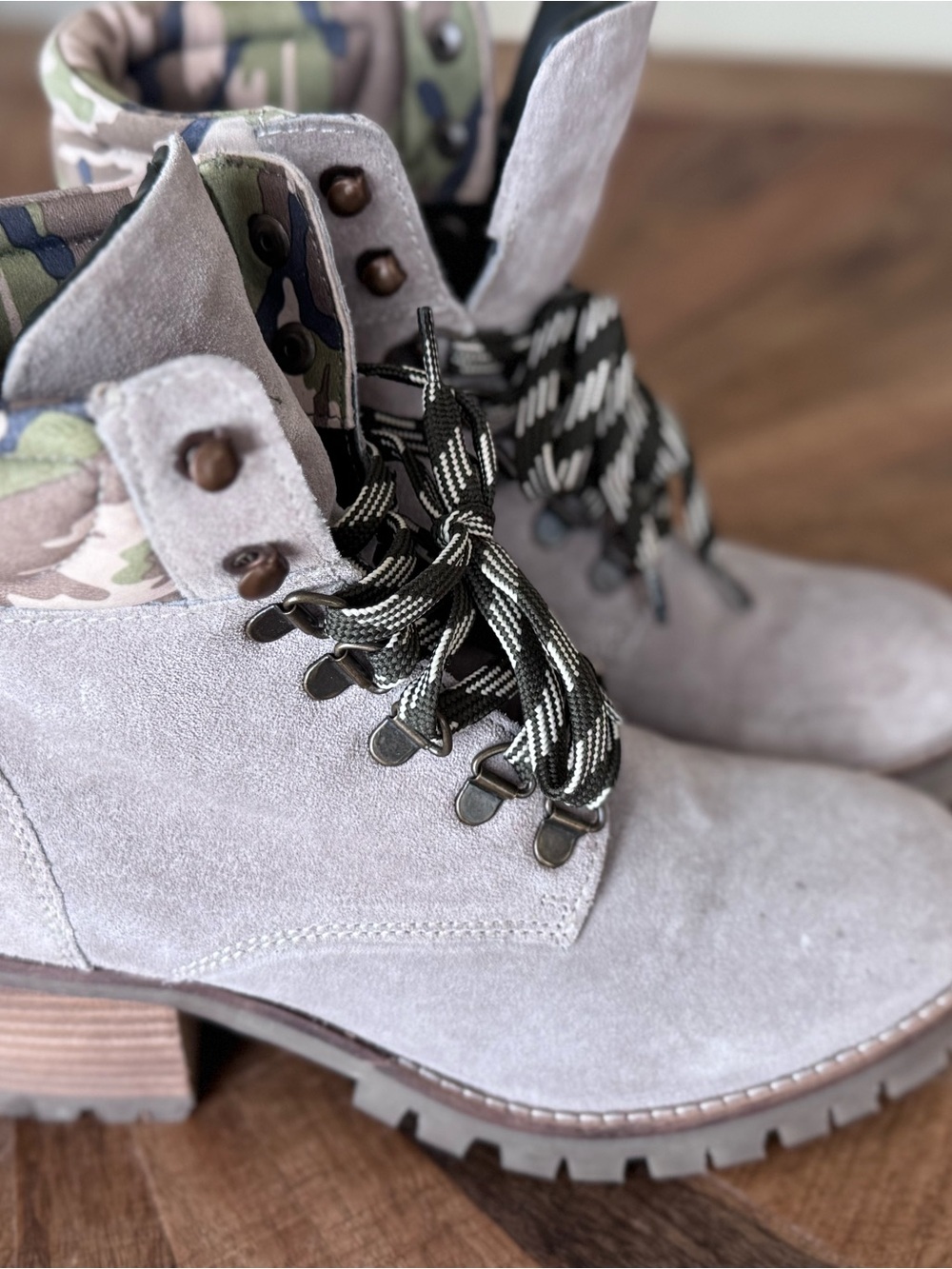 Crevo Joyce Light Gray Suede Combat Boots with Camo Collar